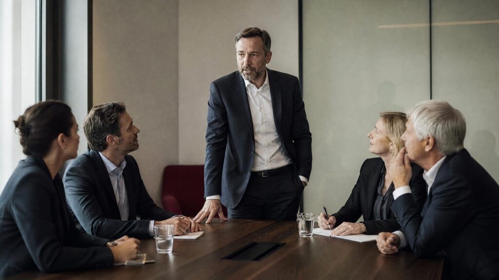 Führungskräfte im Besprechungsraum diskutieren die Ausrichtung einer ERP-Transformation