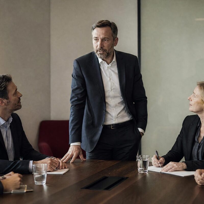 Führungskräfte im Besprechungsraum diskutieren die Ausrichtung einer ERP-Transformation