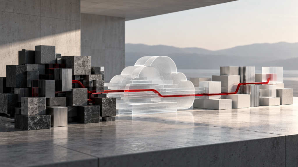 Ruhige Architekturszene: dunkle, ungeordnete Blöcke laufen über eine rote Linie durch eine transparente Cloud zu geordneten hellen Blöcken.