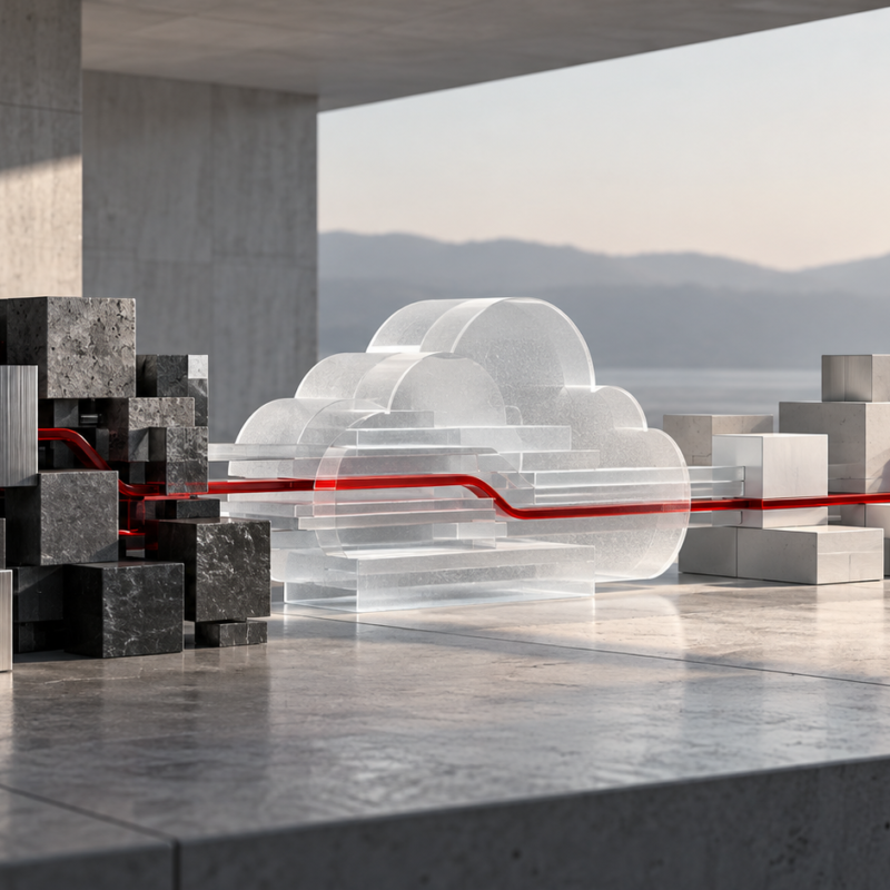 Ruhige Architekturszene: dunkle, ungeordnete Blöcke laufen über eine rote Linie durch eine transparente Cloud zu geordneten hellen Blöcken.