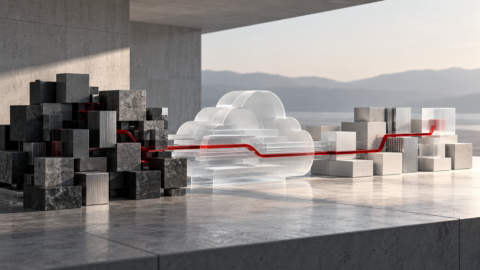 Ruhige Architekturszene: dunkle, ungeordnete Blöcke laufen über eine rote Linie durch eine transparente Cloud zu geordneten hellen Blöcken.
